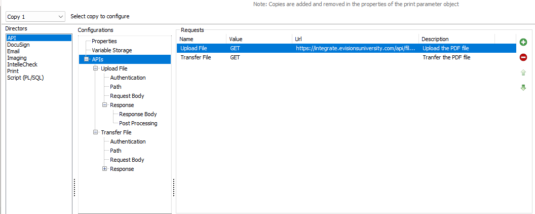 The APIs screen. Two requests have been added to the Requests field: Upload File, and Transfer File.